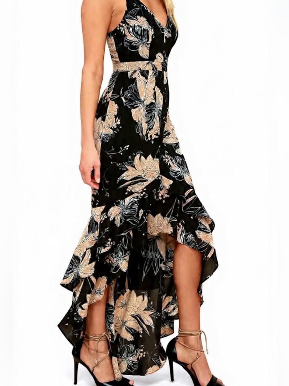 Lulu's Black Floral Ruffle-high low dress